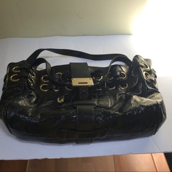 Jimmy Choo Ramona Leather Patent Shoulder Bag Tote Satchel Logo Pockets Black Lg - Picture 15 of 15